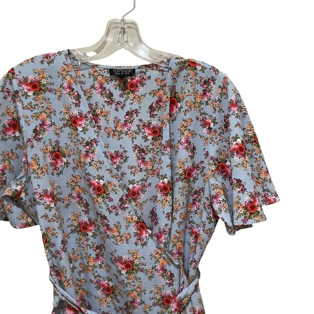 Topshop Confetti Floral Wrap Tea Dress Light Blue Multicolor Size 6 - Picture 6 of 9